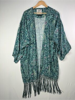 Marwa Paisley Fringe Kimono Cardigan Open Front Green Boho Festival Layer XL